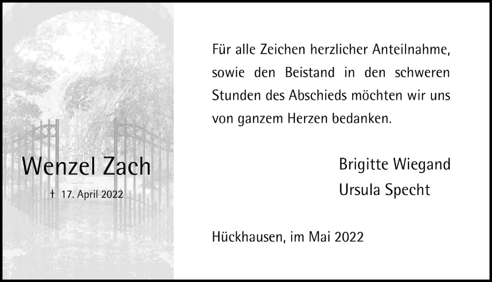  Traueranzeige für Wenzel Zach vom 27.05.2022 aus  Anzeigen Echo 