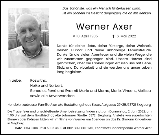 Anzeige von Werner Axer von Kölner Stadt-Anzeiger / Kölnische Rundschau / Express