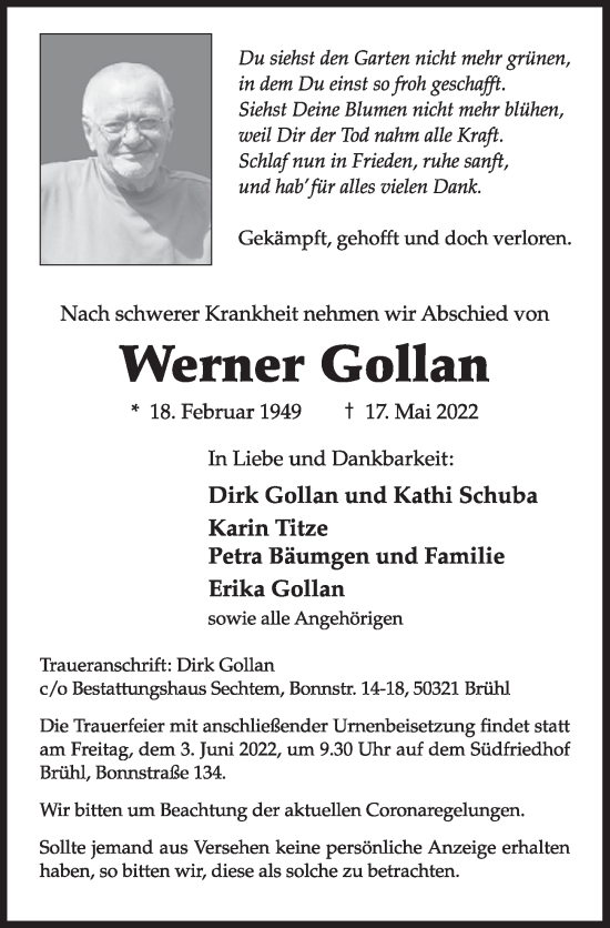 Anzeige von Werner Gollan von  Schlossbote/Werbekurier 