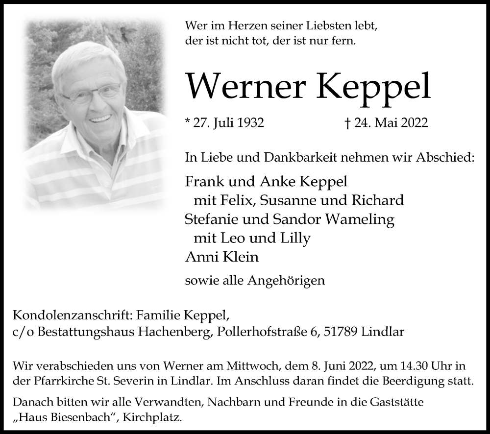  Traueranzeige für Werner Keppel vom 28.05.2022 aus Kölner Stadt-Anzeiger / Kölnische Rundschau / Express
