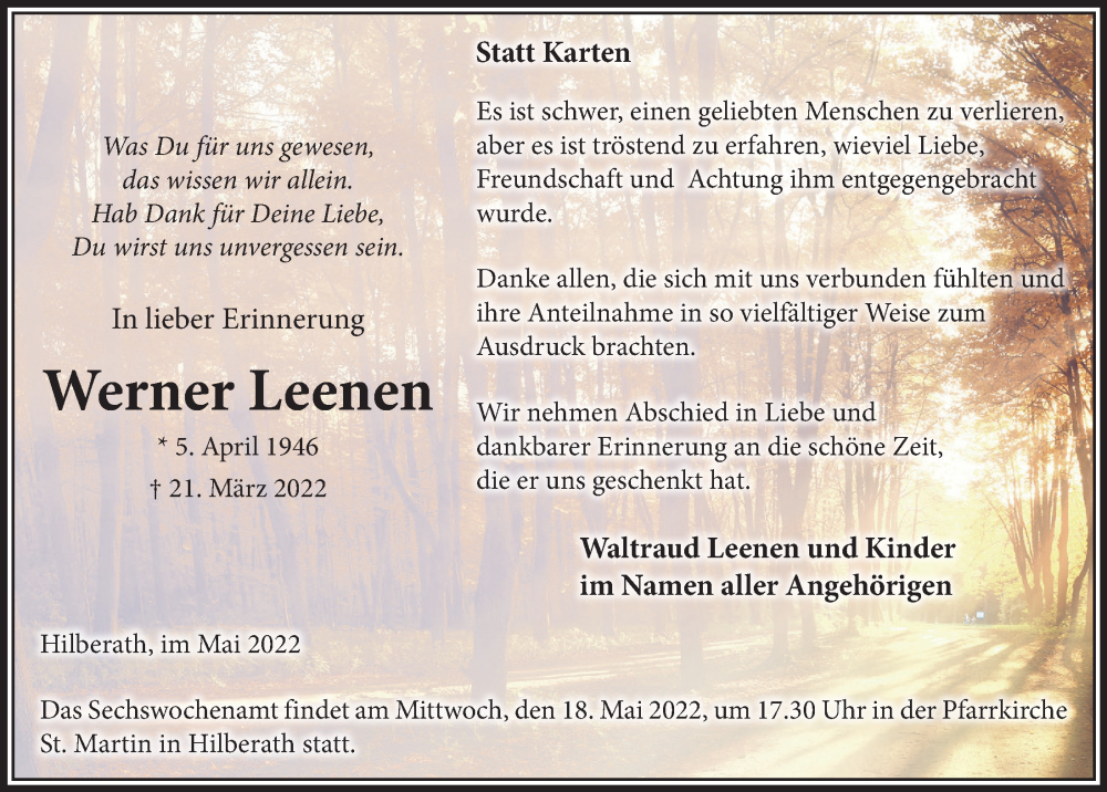  Traueranzeige für Werner Leenen vom 06.05.2022 aus  Schaufenster/Blickpunkt 