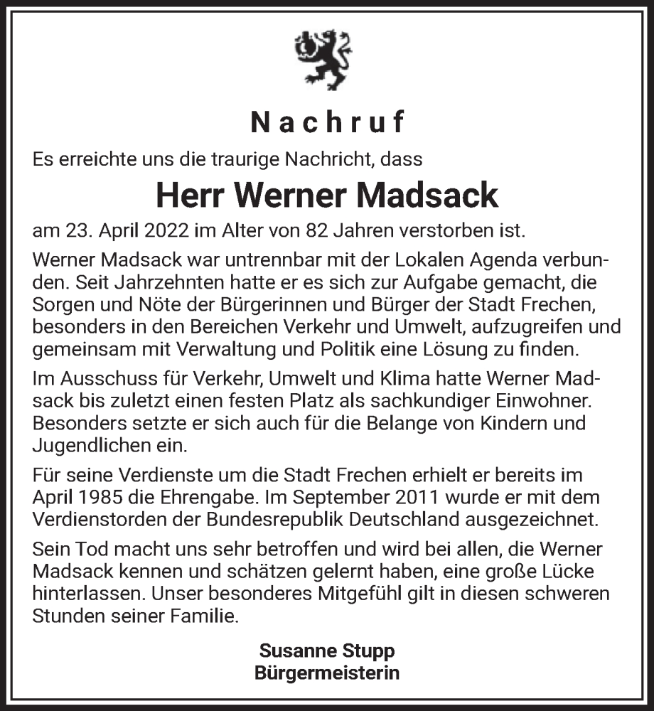  Traueranzeige für Werner Madsack vom 13.05.2022 aus  Wochenende 