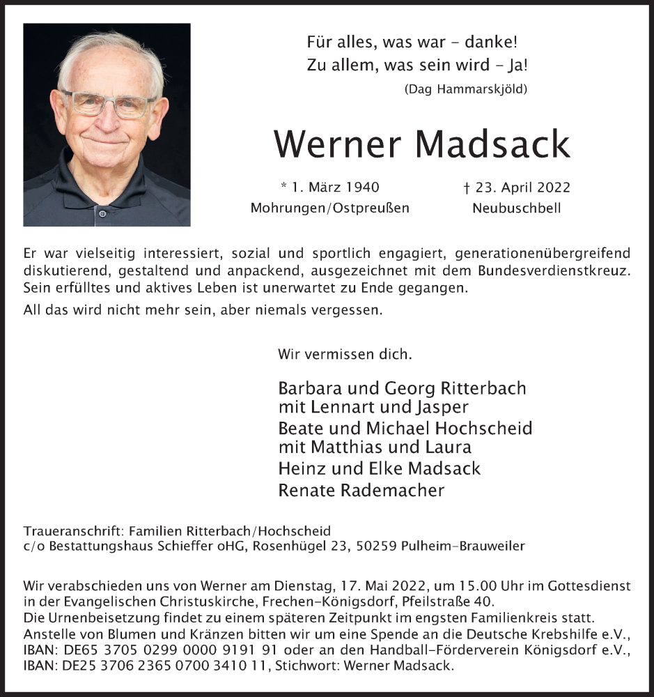  Traueranzeige für Werner Madsack vom 07.05.2022 aus Kölner Stadt-Anzeiger / Kölnische Rundschau / Express
