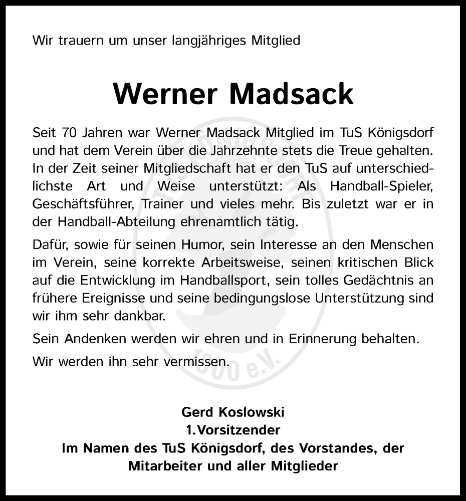 Traueranzeige für Werner Madsack vom 07.05.2022 aus Kölner Stadt-Anzeiger / Kölnische Rundschau / Express