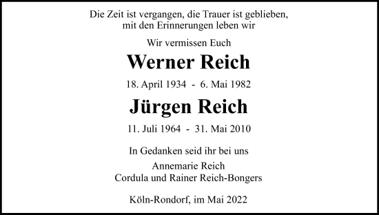 Anzeige von Werner Reich von Kölner Stadt-Anzeiger / Kölnische Rundschau / Express