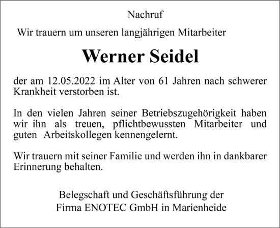 Anzeige von Werner Seidel von  Anzeigen Echo 