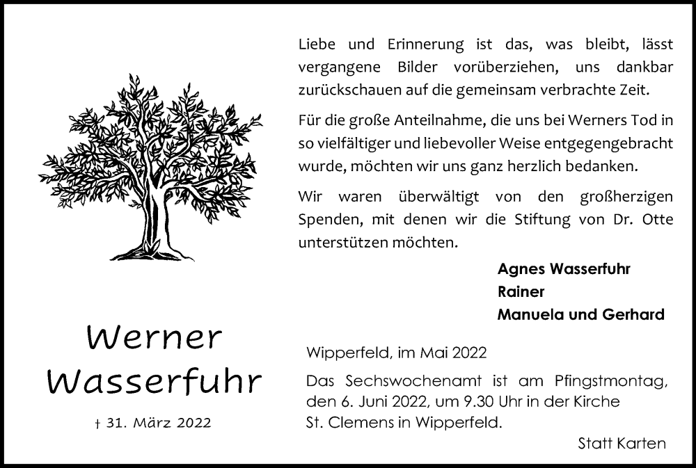  Traueranzeige für Werner Wasserfuhr vom 28.05.2022 aus Kölner Stadt-Anzeiger / Kölnische Rundschau / Express