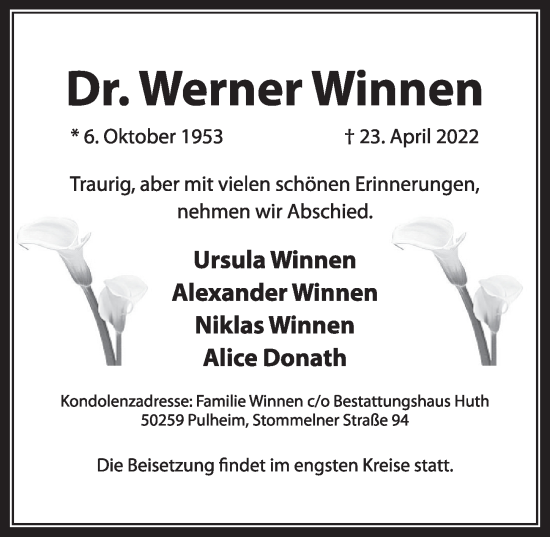 Anzeige von Werner Winnen von  Wochenende 