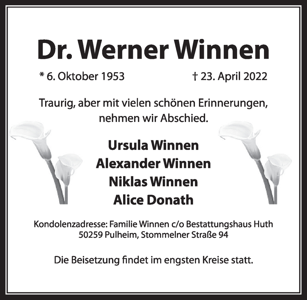  Traueranzeige für Werner Winnen vom 06.05.2022 aus  Wochenende 