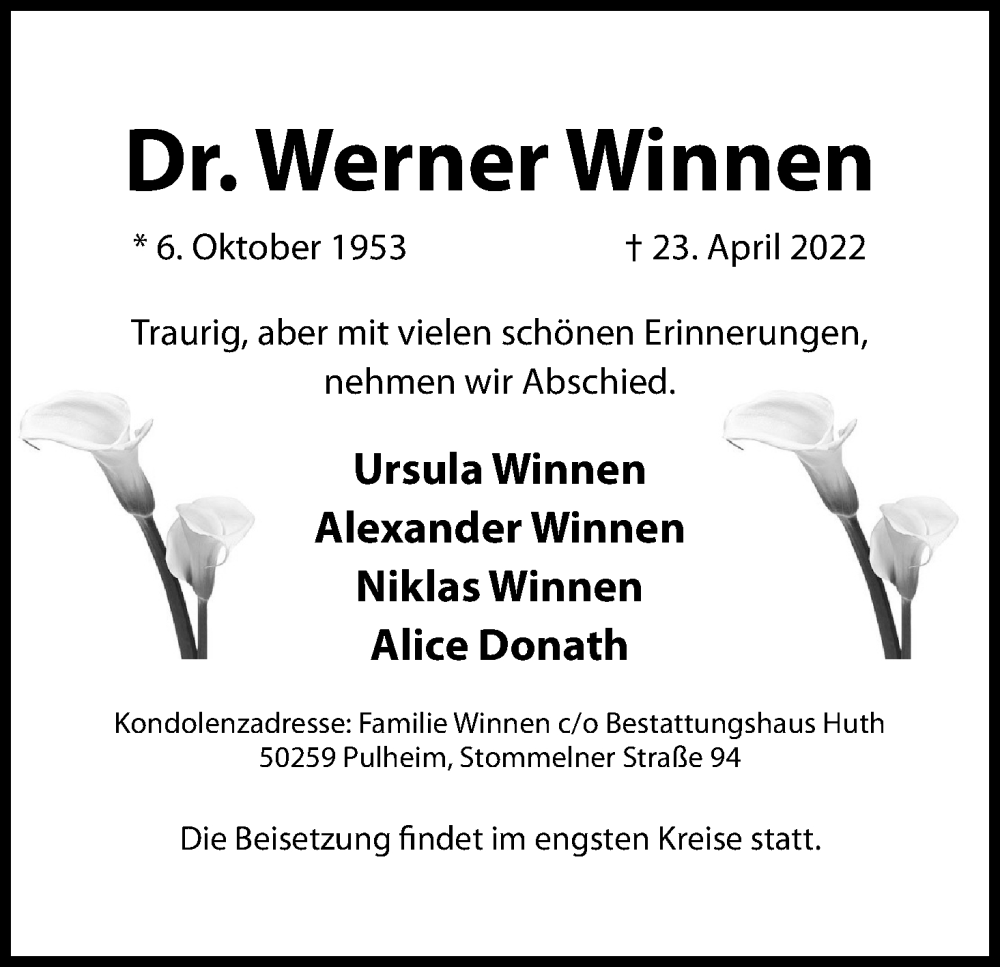  Traueranzeige für Werner Winnen vom 07.05.2022 aus Kölner Stadt-Anzeiger / Kölnische Rundschau / Express