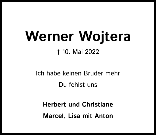 Anzeige von Werner Wojtera von Kölner Stadt-Anzeiger / Kölnische Rundschau / Express