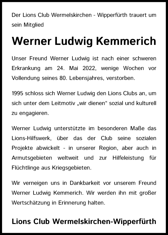  Traueranzeige für Werner Ludwig Kemmerich vom 31.05.2022 aus Kölner Stadt-Anzeiger / Kölnische Rundschau / Express