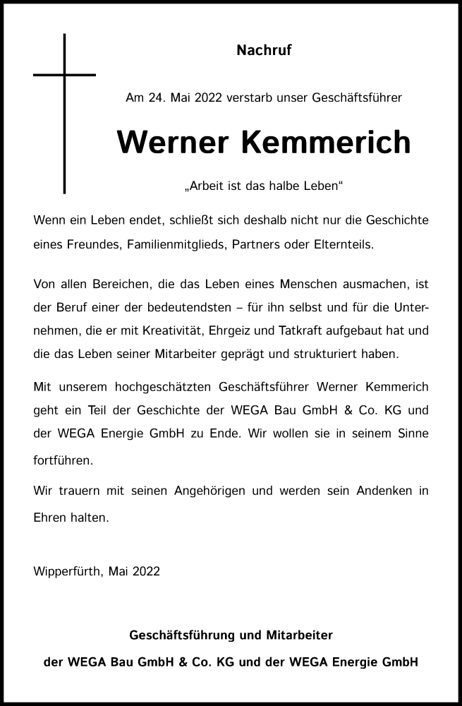  Traueranzeige für Werner Ludwig Kemmerich vom 31.05.2022 aus Kölner Stadt-Anzeiger / Kölnische Rundschau / Express