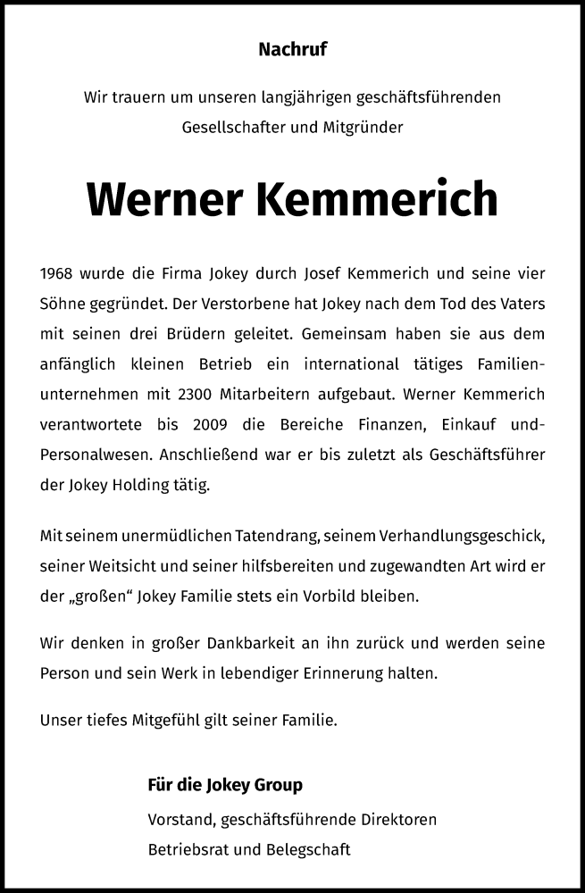  Traueranzeige für Werner Ludwig Kemmerich vom 31.05.2022 aus Kölner Stadt-Anzeiger / Kölnische Rundschau / Express