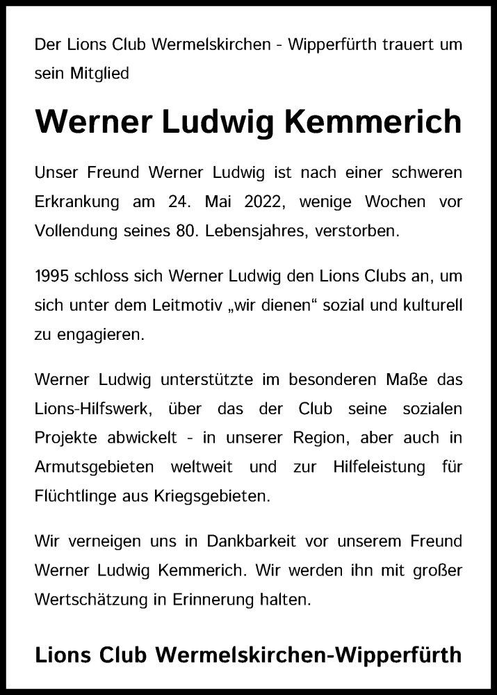  Traueranzeige für Werner Ludwig Kemmerich vom 01.06.2022 aus Kölner Stadt-Anzeiger / Kölnische Rundschau / Express