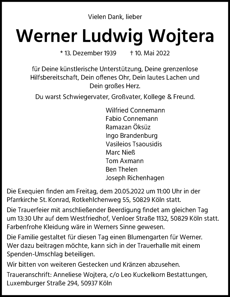  Traueranzeige für Werner Ludwig Wojtera vom 14.05.2022 aus Kölner Stadt-Anzeiger / Kölnische Rundschau / Express
