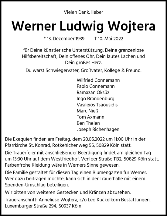 Anzeige von Werner Ludwig Wojtera von Kölner Stadt-Anzeiger / Kölnische Rundschau / Express