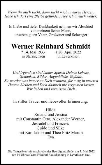 Anzeige von Werner Reinhard Schmidt von Kölner Stadt-Anzeiger / Kölnische Rundschau / Express