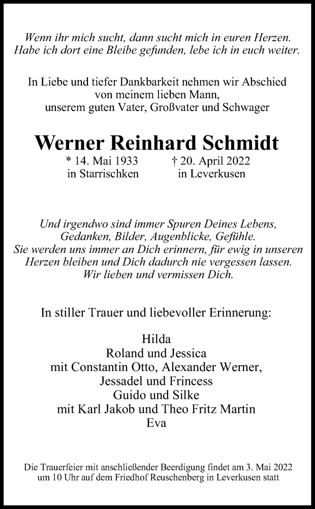  Traueranzeige für Werner Reinhard Schmidt vom 30.04.2022 aus Kölner Stadt-Anzeiger / Kölnische Rundschau / Express