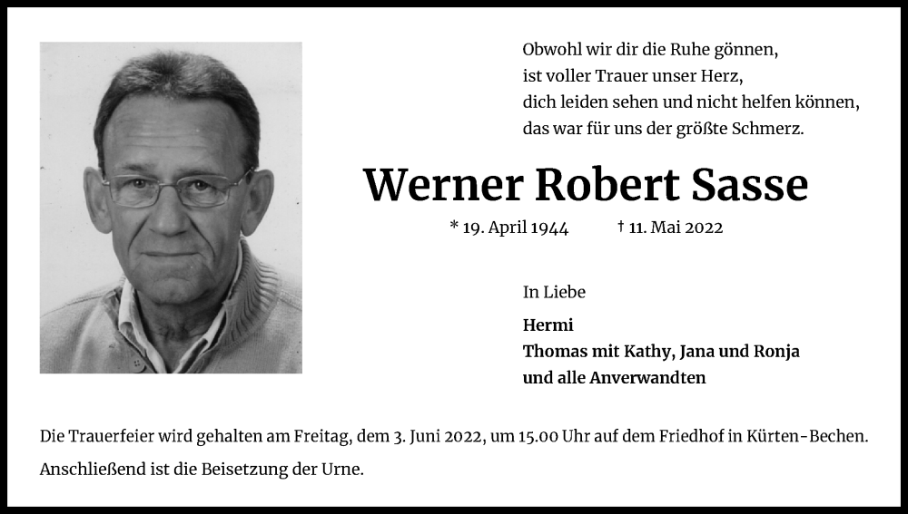  Traueranzeige für Werner Robert Sasse vom 25.05.2022 aus Kölner Stadt-Anzeiger / Kölnische Rundschau / Express