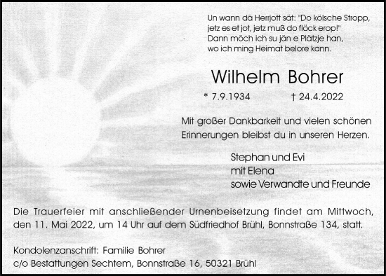 Anzeige von Wilhelm Bohrer von  Schlossbote/Werbekurier 