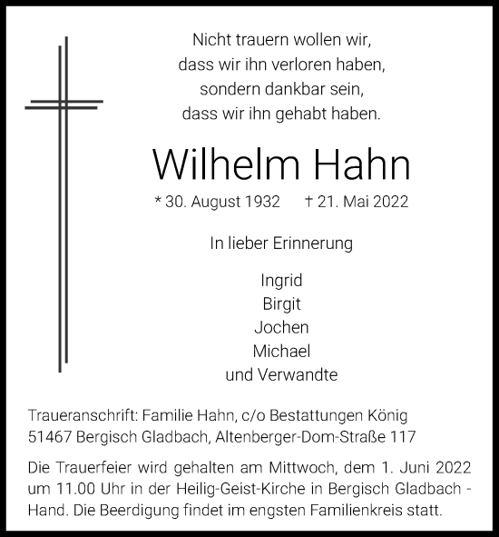Anzeige von Wilhelm Hahn von Kölner Stadt-Anzeiger / Kölnische Rundschau / Express