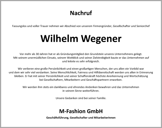 Anzeige von Wilhelm Wegener von Kölner Stadt-Anzeiger / Kölnische Rundschau / Express