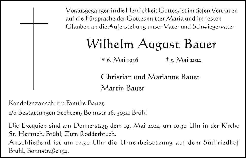  Traueranzeige für Wilhelm August Bauer vom 13.05.2022 aus  Schlossbote/Werbekurier 