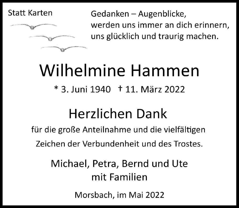  Traueranzeige für Wilhelmine Hammen vom 06.05.2022 aus  Lokalanzeiger 