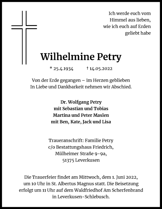 Anzeige von Wilhelmine Petry von Kölner Stadt-Anzeiger / Kölnische Rundschau / Express