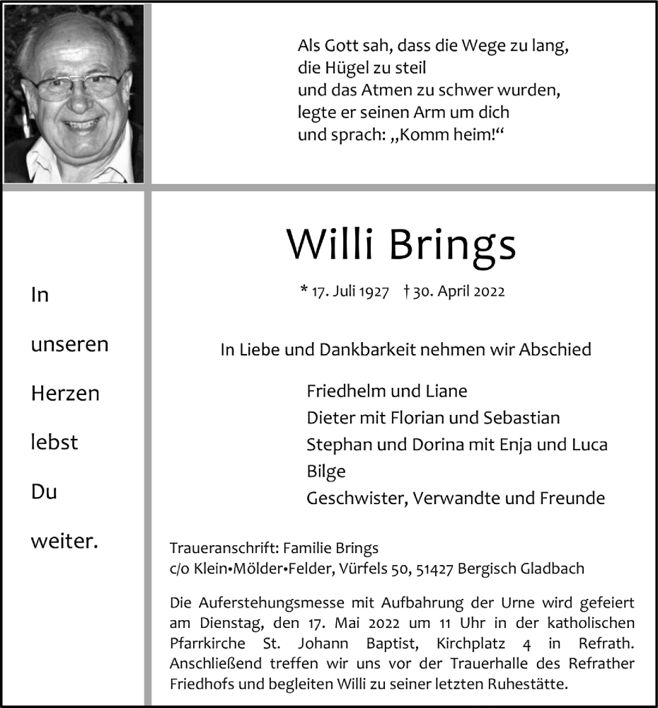  Traueranzeige für Willi Brings vom 06.05.2022 aus  Bergisches Handelsblatt 