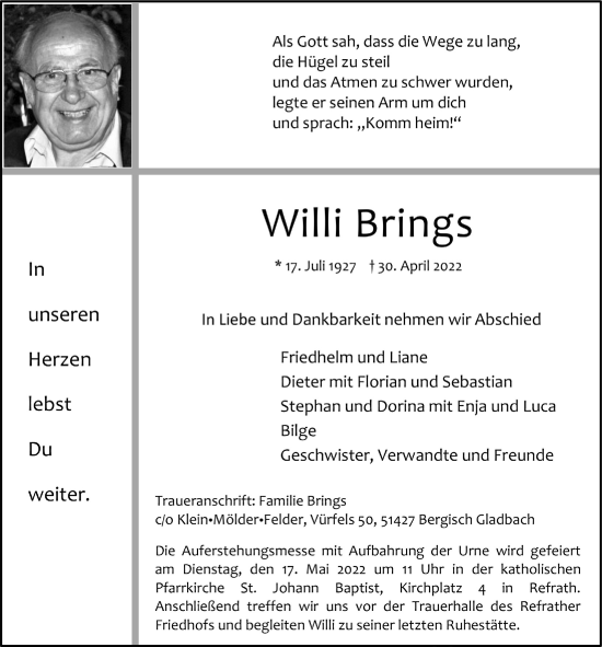 Anzeige von Willi Brings von  Bergisches Handelsblatt 