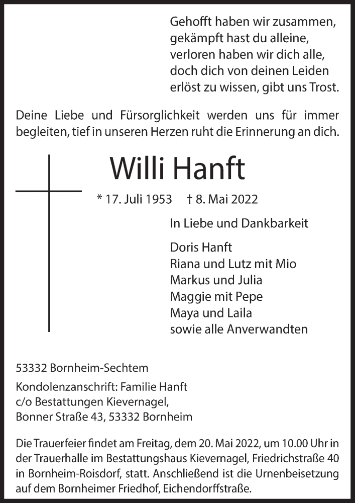  Traueranzeige für Willi Hanft vom 13.05.2022 aus  Schaufenster/Blickpunkt 