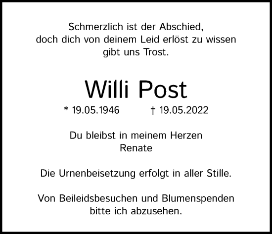 Anzeige von Willi Post von Kölner Stadt-Anzeiger / Kölnische Rundschau / Express