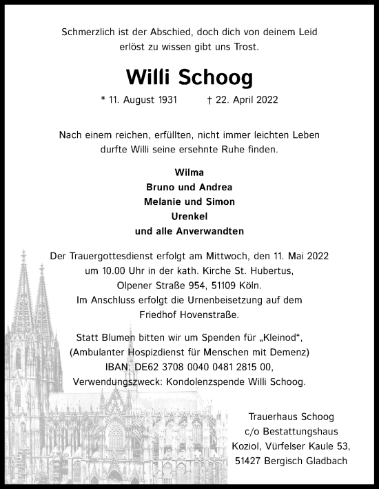 Anzeige von Willi Schoog von Kölner Stadt-Anzeiger / Kölnische Rundschau / Express