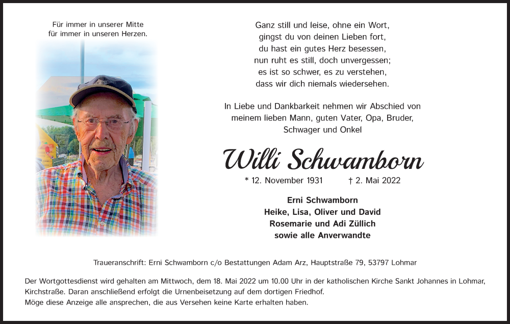  Traueranzeige für Willi Schwamborn vom 07.05.2022 aus Kölner Stadt-Anzeiger / Kölnische Rundschau / Express