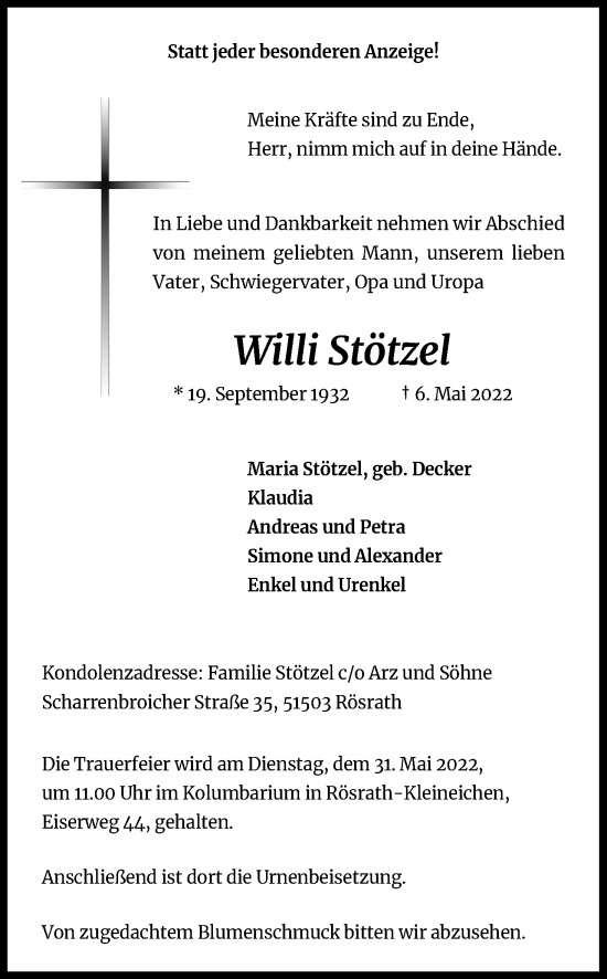 Anzeige von Willi Stötzel von Kölner Stadt-Anzeiger / Kölnische Rundschau / Express