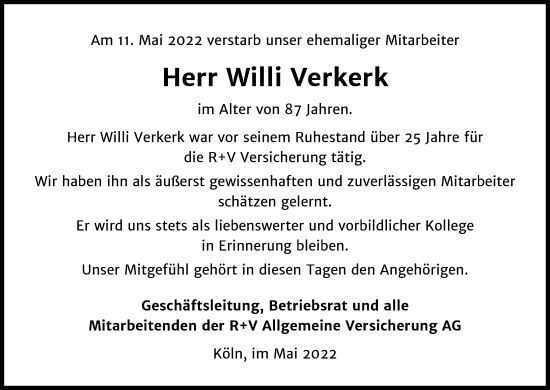 Anzeige von Willi Verkerk von Kölner Stadt-Anzeiger / Kölnische Rundschau / Express