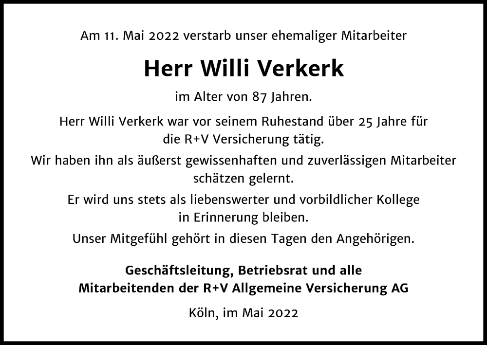  Traueranzeige für Willi Verkerk vom 21.05.2022 aus Kölner Stadt-Anzeiger / Kölnische Rundschau / Express
