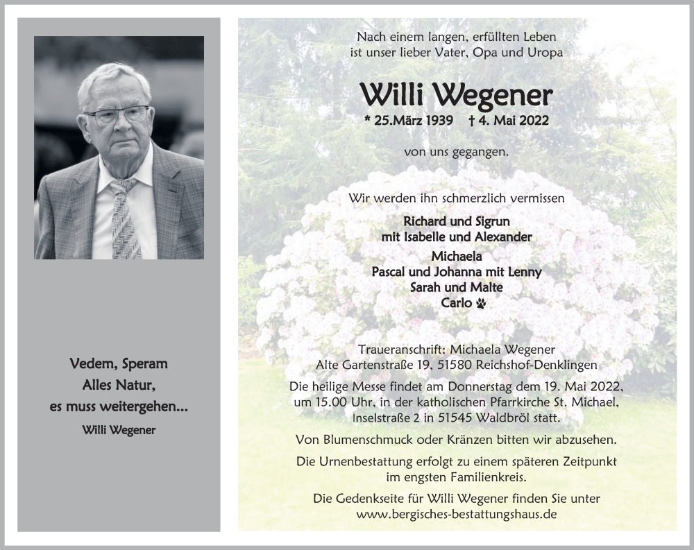  Traueranzeige für Willi Wegener vom 10.05.2022 aus Kölner Stadt-Anzeiger / Kölnische Rundschau / Express