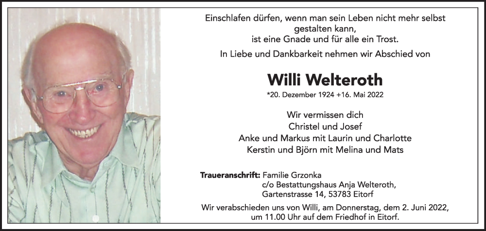  Traueranzeige für Willi Welteroth vom 21.05.2022 aus Kölner Stadt-Anzeiger / Kölnische Rundschau / Express