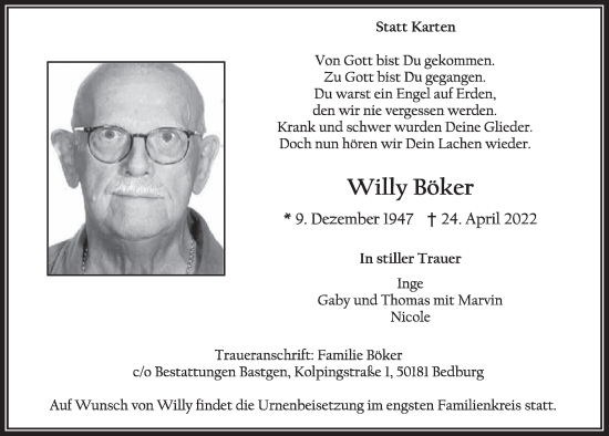 Anzeige von Willy Böker von  Werbepost 