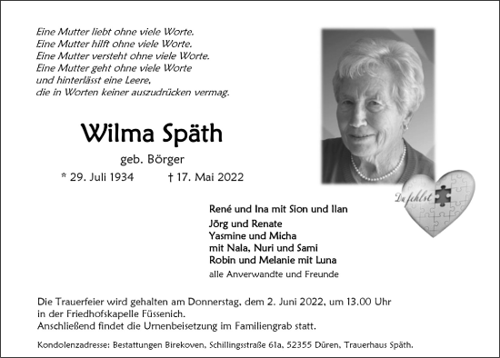 Anzeige von Wilma Späth von  Blickpunkt Euskirchen 
