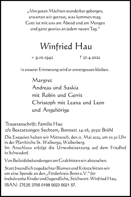 Anzeige von Winfried Hau von Kölner Stadt-Anzeiger / Kölnische Rundschau / Express