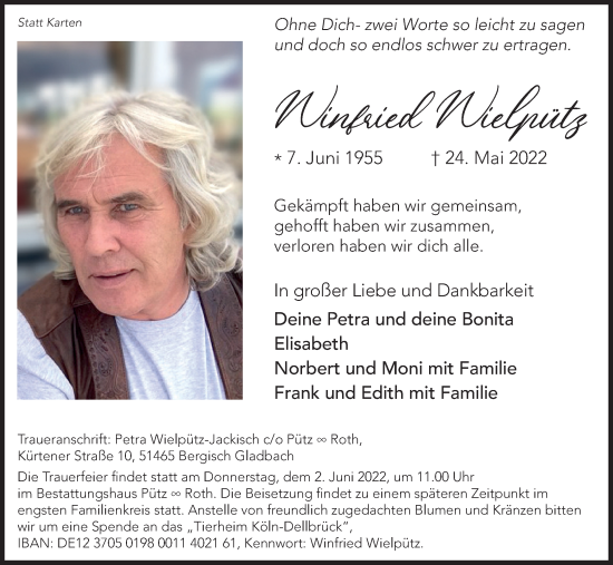 Anzeige von Winfried Wielpütz von Kölner Stadt-Anzeiger / Kölnische Rundschau / Express