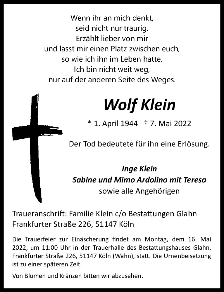  Traueranzeige für Wolf Klein vom 13.05.2022 aus  EXPRESS - Die Woche 