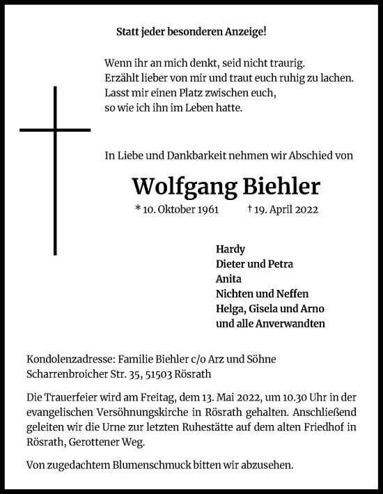 Anzeige von Wolfgang Biehler von Kölner Stadt-Anzeiger / Kölnische Rundschau / Express