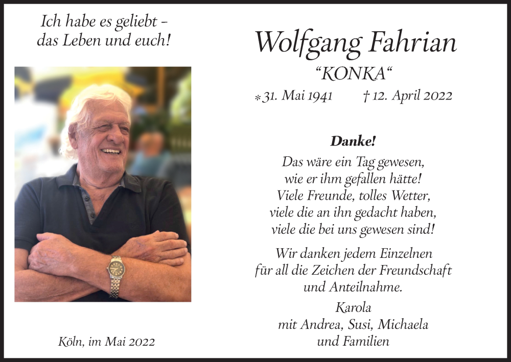 Traueranzeige für Wolfgang Fahrian vom 21.05.2022 aus Kölner Stadt-Anzeiger / Kölnische Rundschau / Express