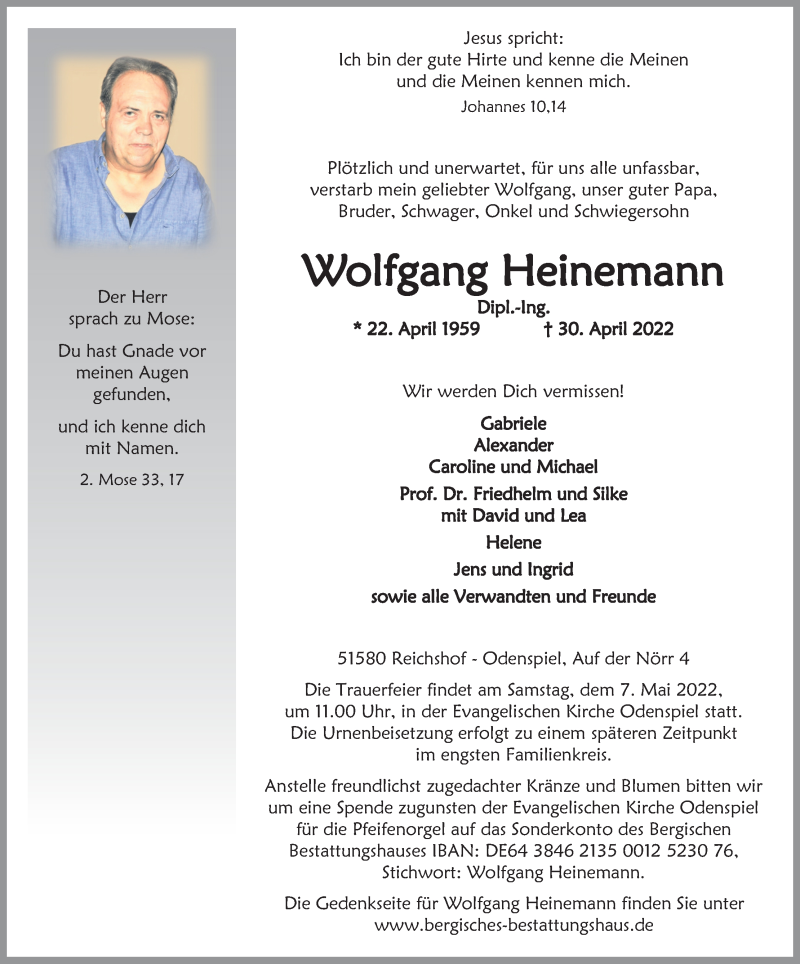  Traueranzeige für Wolfgang Heinemann vom 04.05.2022 aus Kölner Stadt-Anzeiger / Kölnische Rundschau / Express