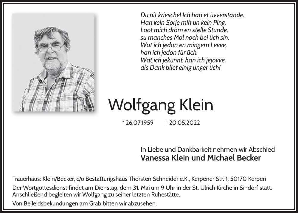  Traueranzeige für Wolfgang Klein vom 27.05.2022 aus  Werbepost 
